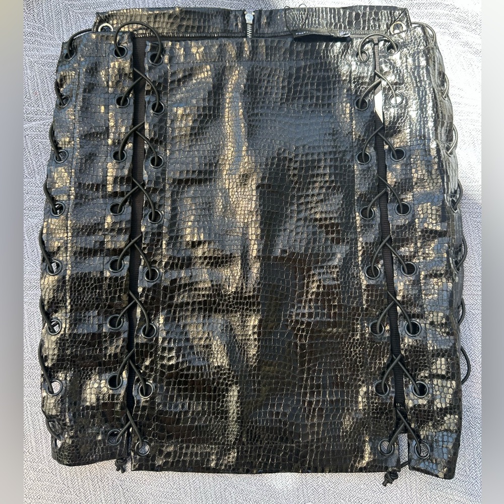Black croc vinyl lace up mini skirt